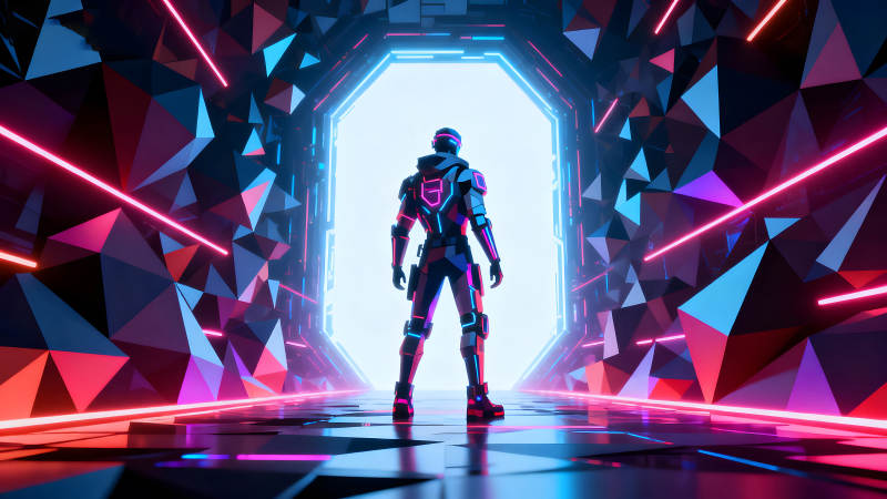 未来战士站在发光的大门前赛博朋克风格-图片