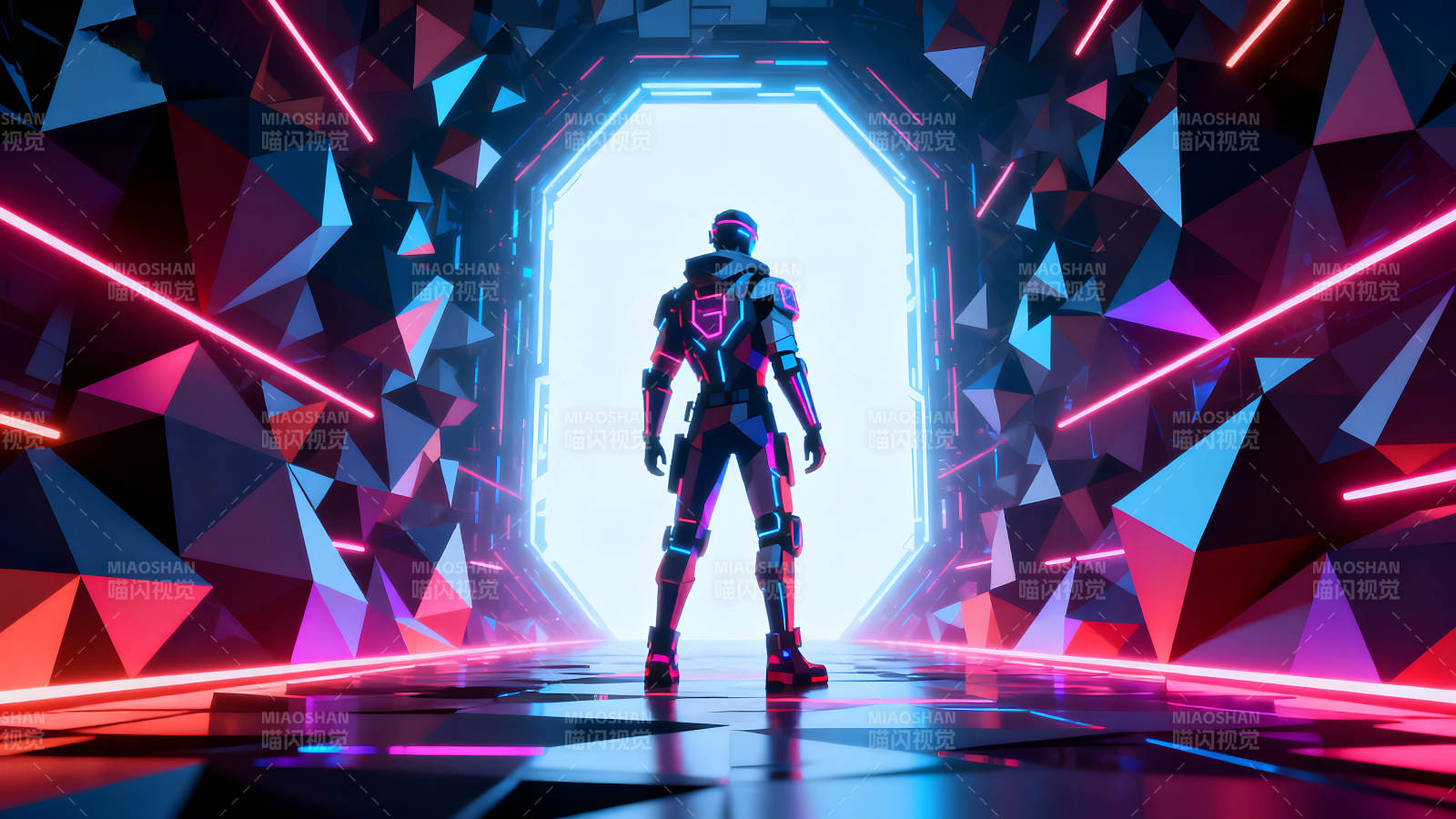 未来战士站在发光的大门前赛博朋克风格-图片