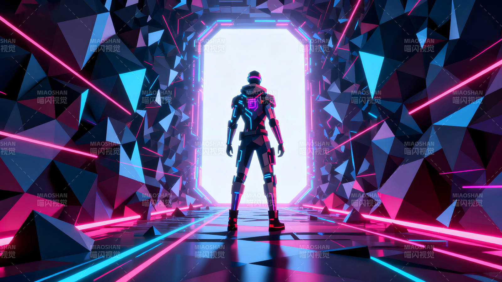 赛博朋克风格的未来战士站在发光的门前-图片