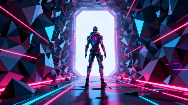 赛博朋克风格的未来战士站在发光的门前-图片