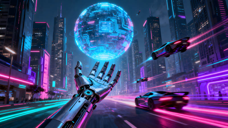 赛博朋克风格未来城市与机械手臂-图片