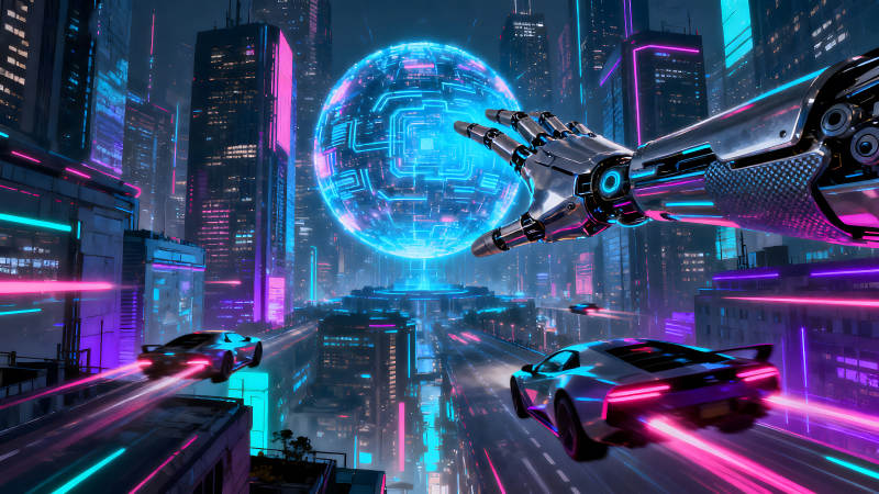 赛博朋克未来城市机械手臂触控科技-图片