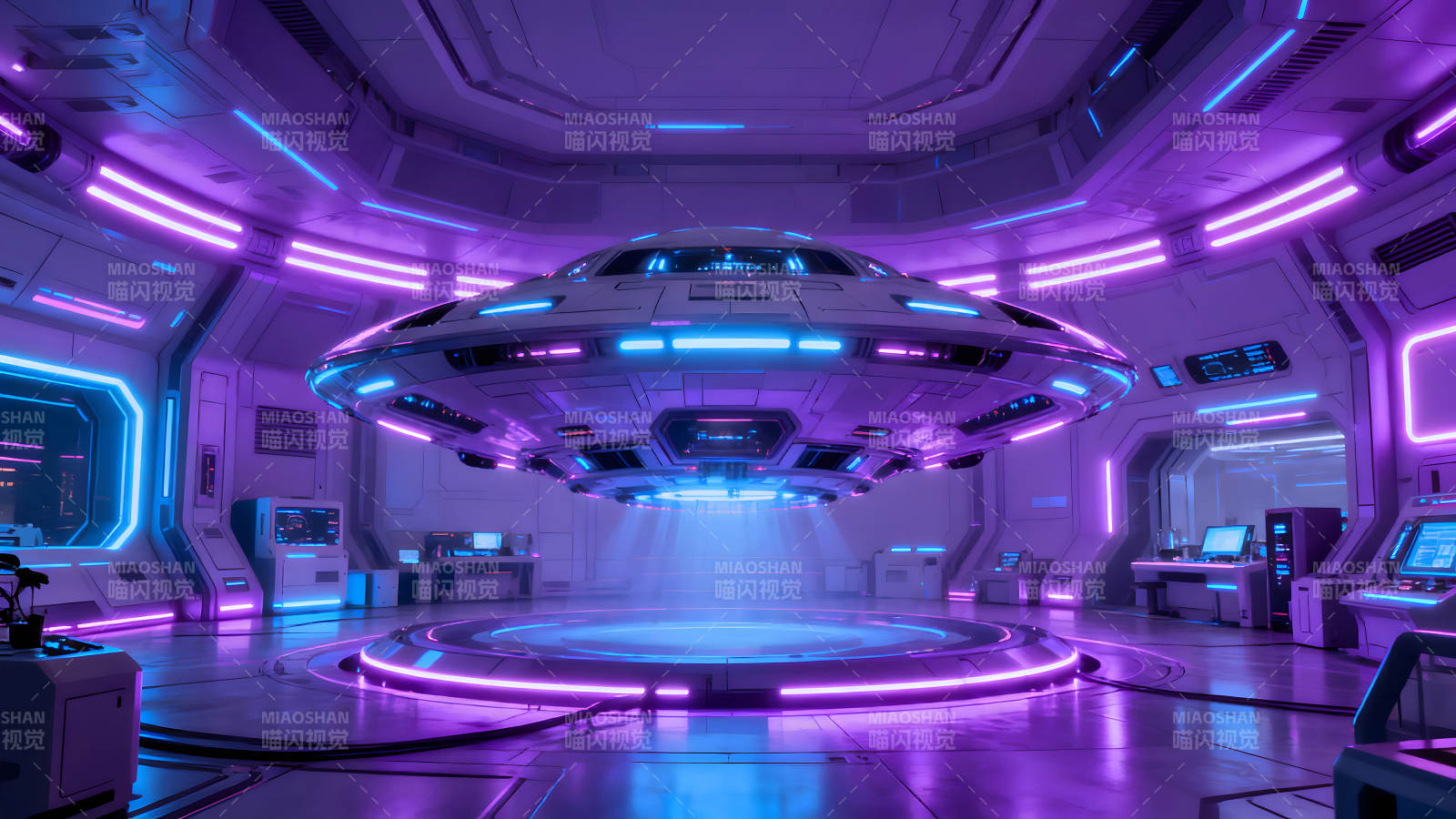 未来风格飞碟停靠场景灯光氛围-图片