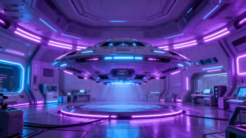 未来风格飞碟停靠场景灯光氛围-图片