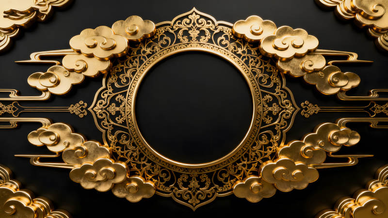 金色祥云環(huán)繞黑色圓形背景-圖片