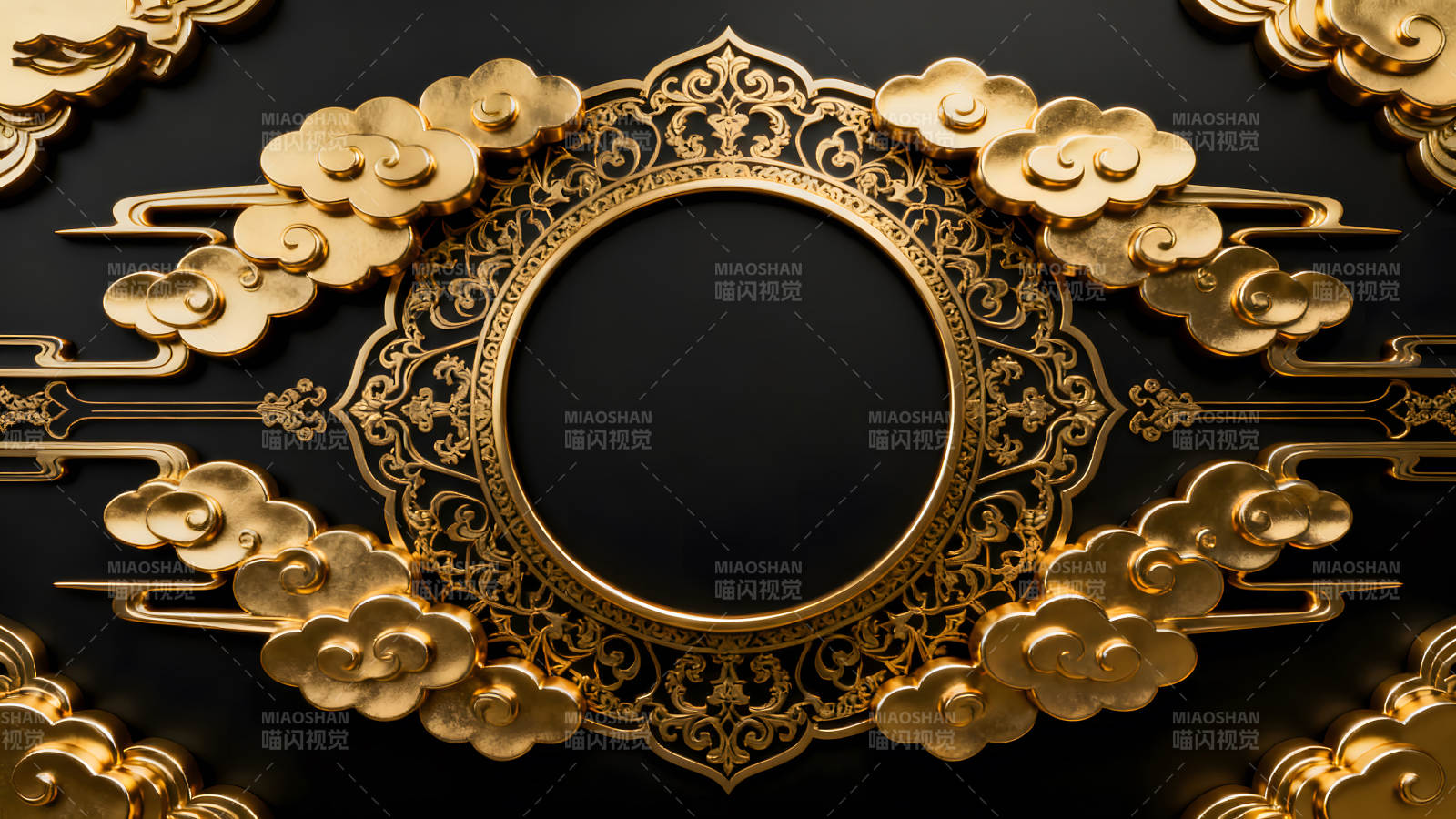 金色祥云環繞黑色圓形背景-圖片