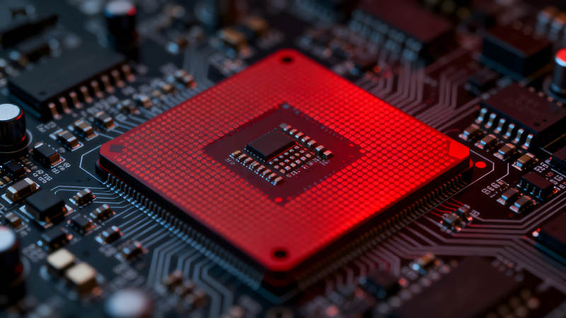 电路板特写红色芯片发光-图片