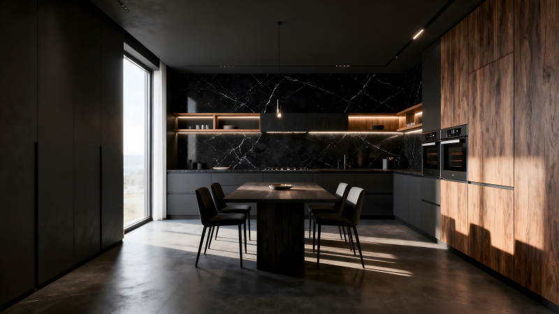 现代风格厨房设计黑调搭配木纹-图片