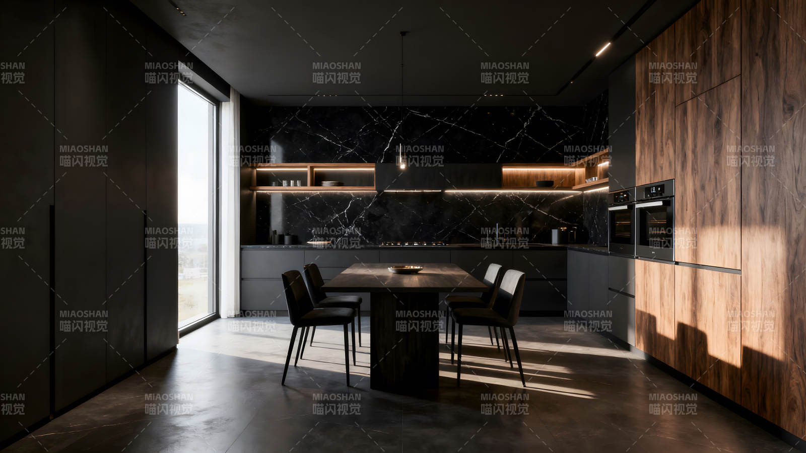 现代风格厨房设计黑调搭配木纹-图片