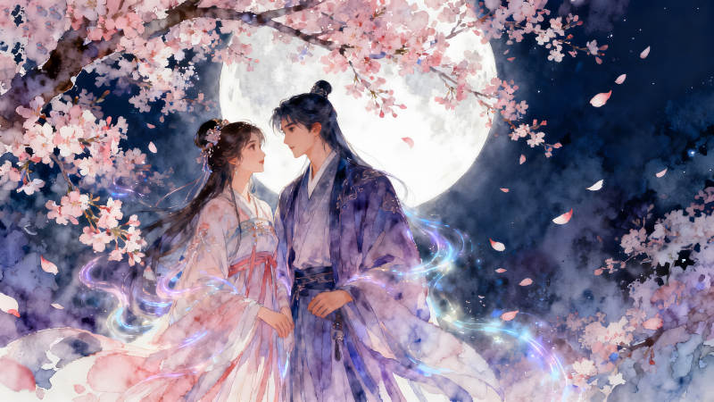 月下情侶櫻花樹下相依偎-圖片