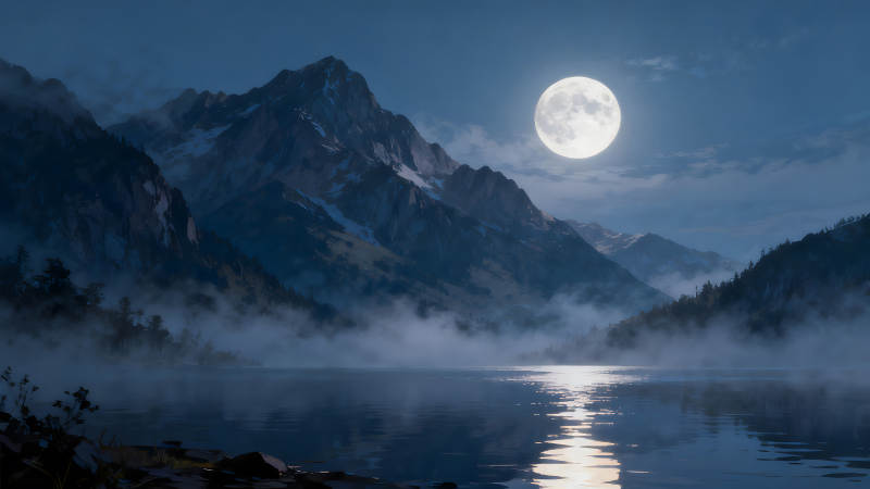 月夜山湖映照景象迷人-圖片