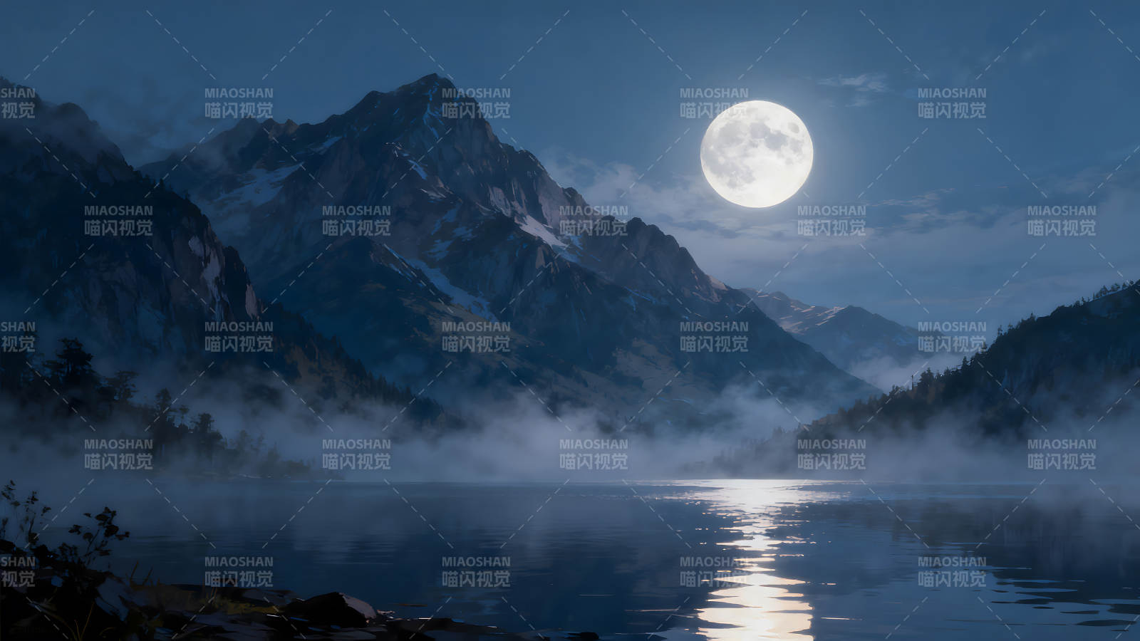 月夜山湖映照景象迷人-圖片