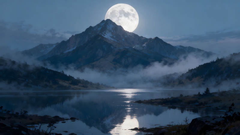 月夜山湖靜謐壯闊美麗景象-圖片