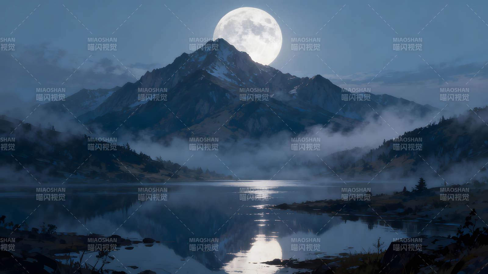 月夜山湖靜謐壯闊美麗景象-圖片
