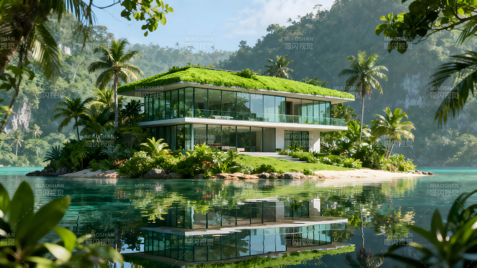 海岛上的现代建筑与绿植环绕-图片