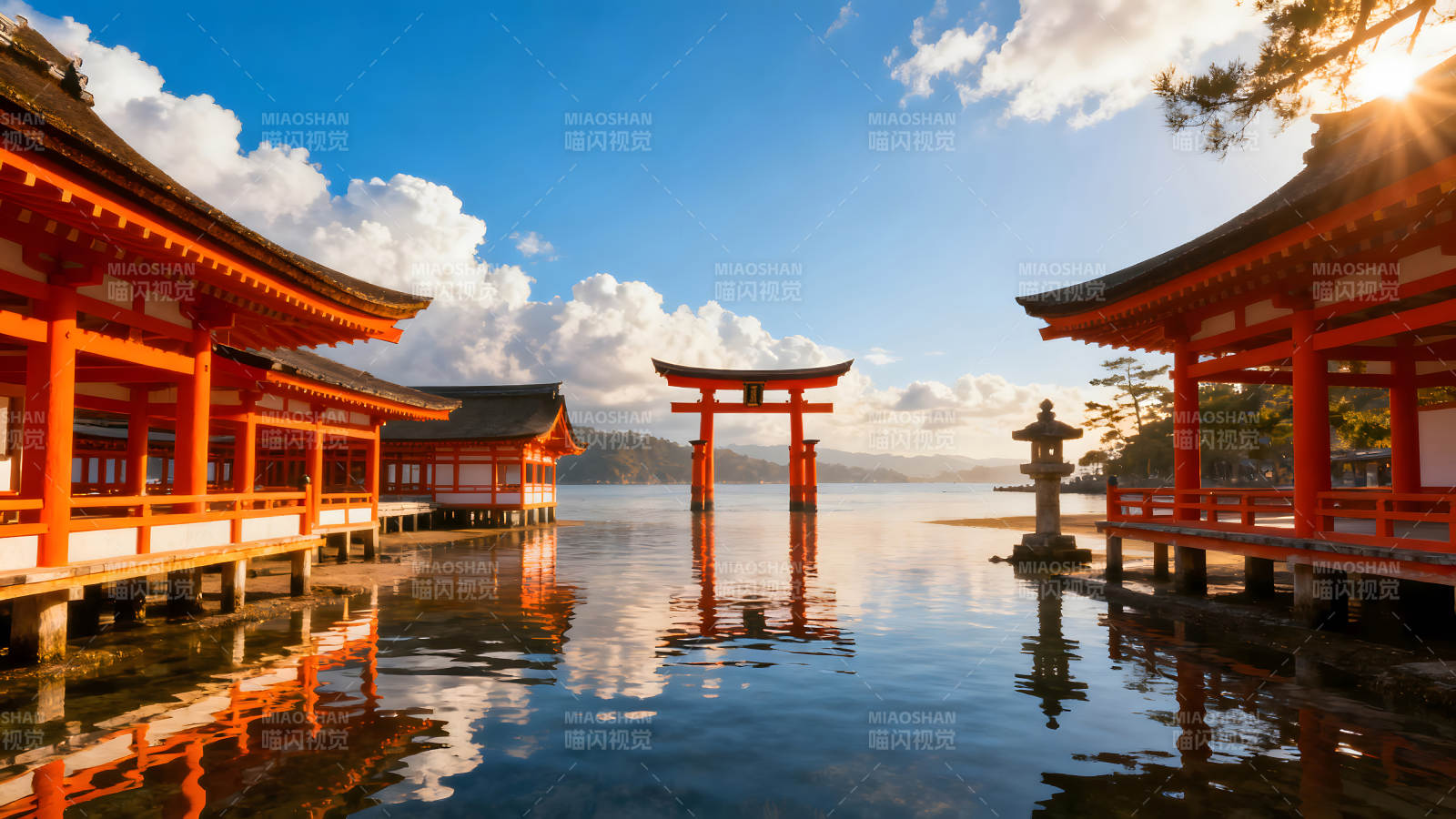 水上神社风景阳光普照下壮丽景色-图片
