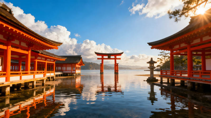水上神社风景阳光普照下壮丽景色-图片