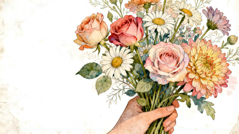 手捧鲜花水彩画-图片