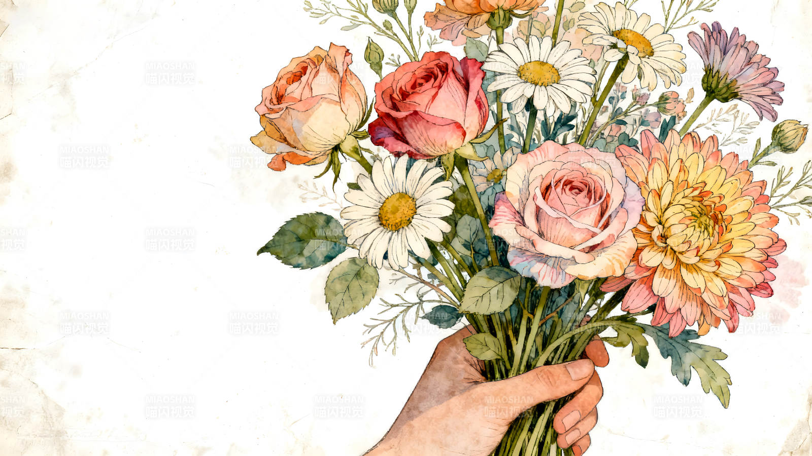 手捧鲜花水彩画-图片