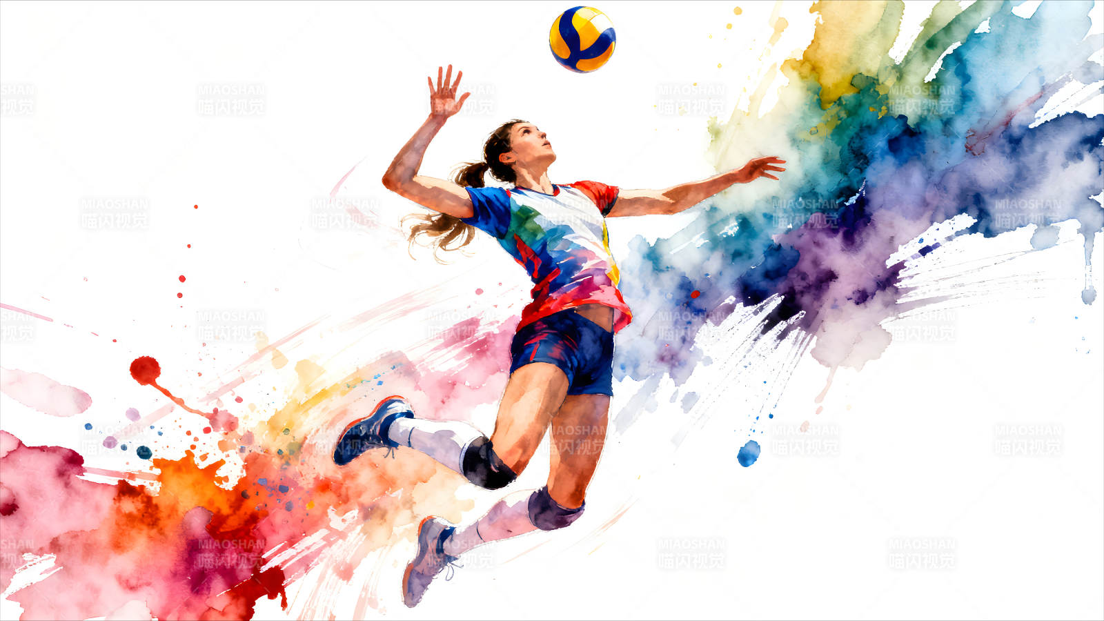 水彩排球女将跳跃瞬间-图片