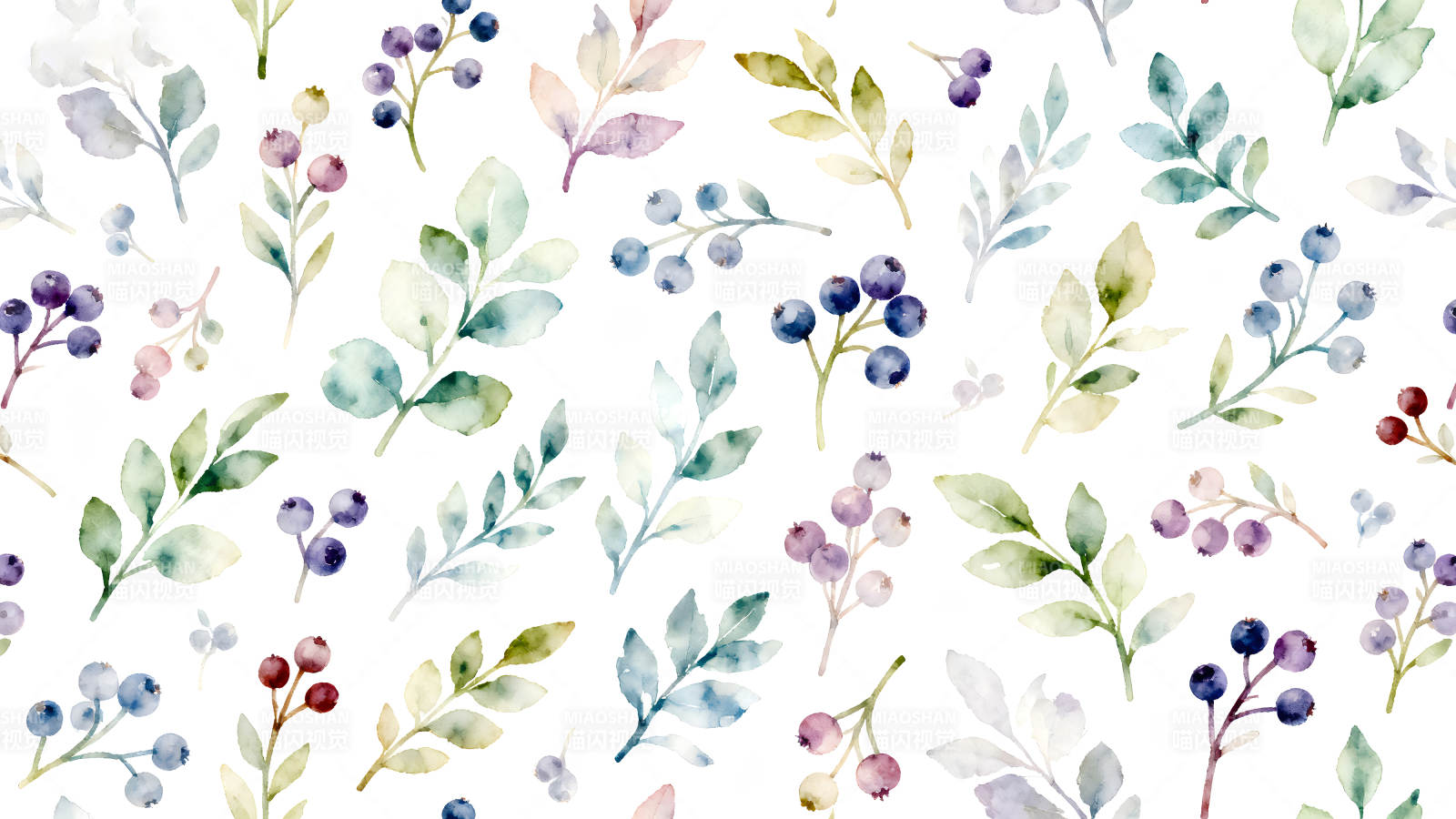 水彩植物与浆果图案背景-图片