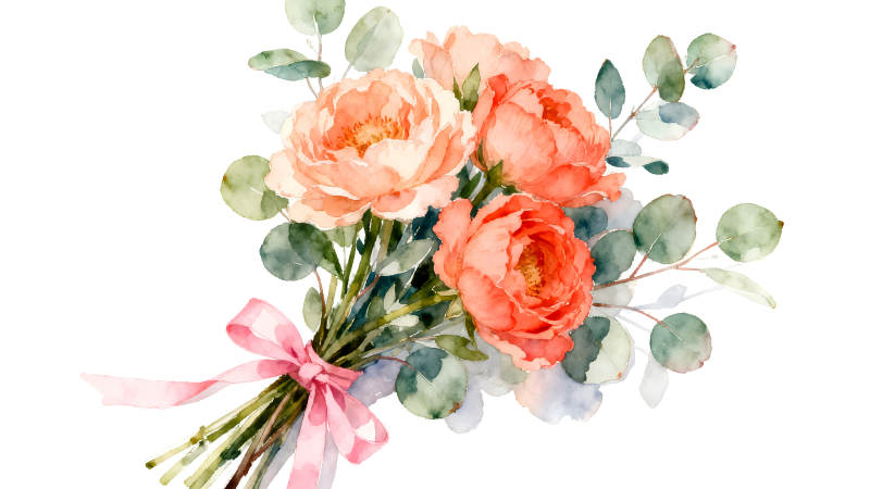 水彩花束与粉色丝带装饰-图片