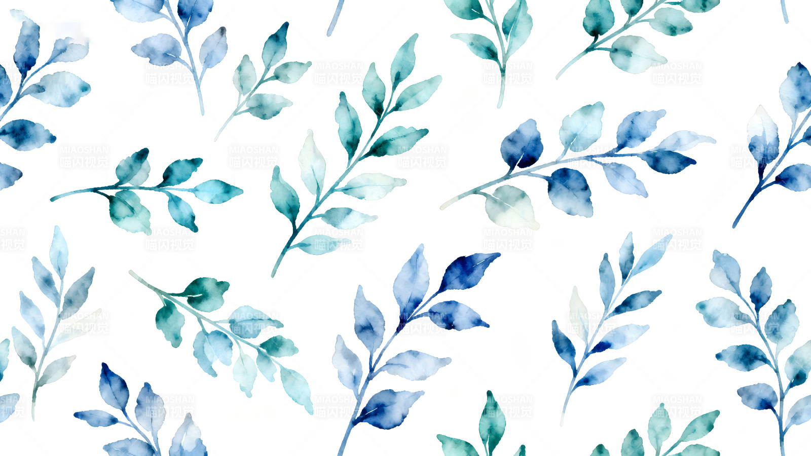 水彩蓝叶白色背景-图片