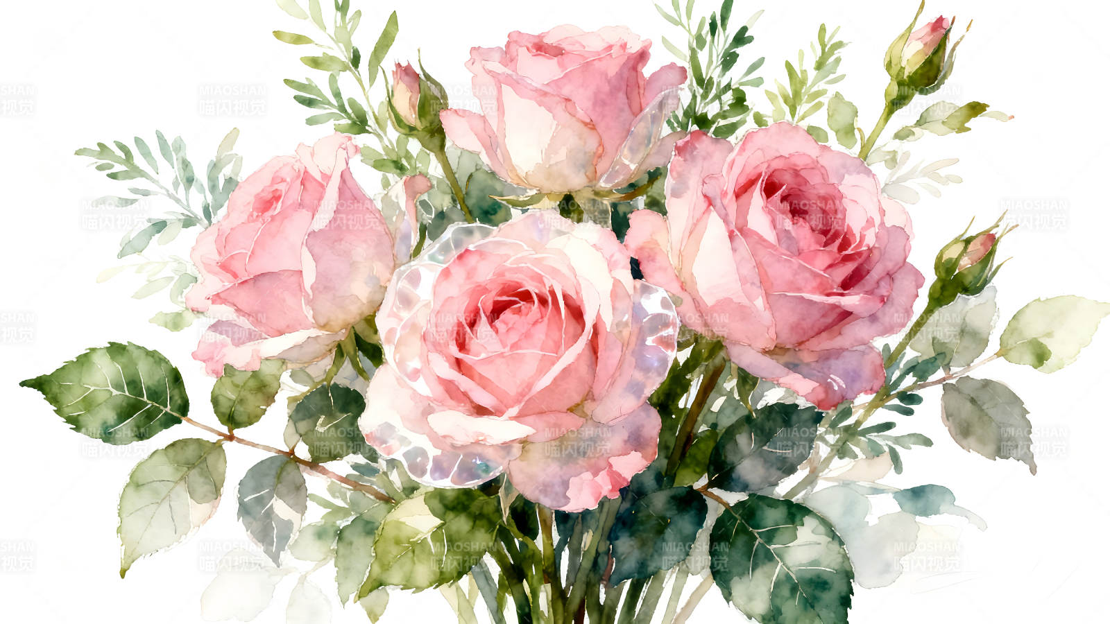 粉色玫瑰花束水彩画-图片