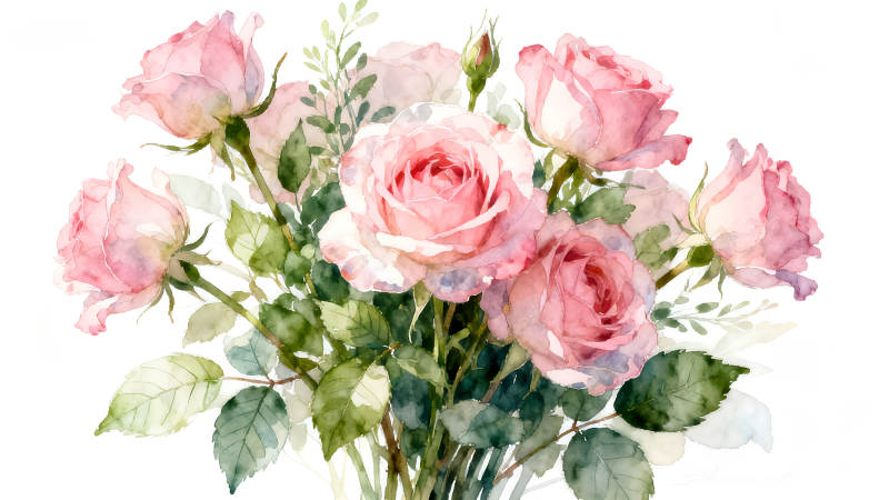 水彩粉色玫瑰花束图-图片