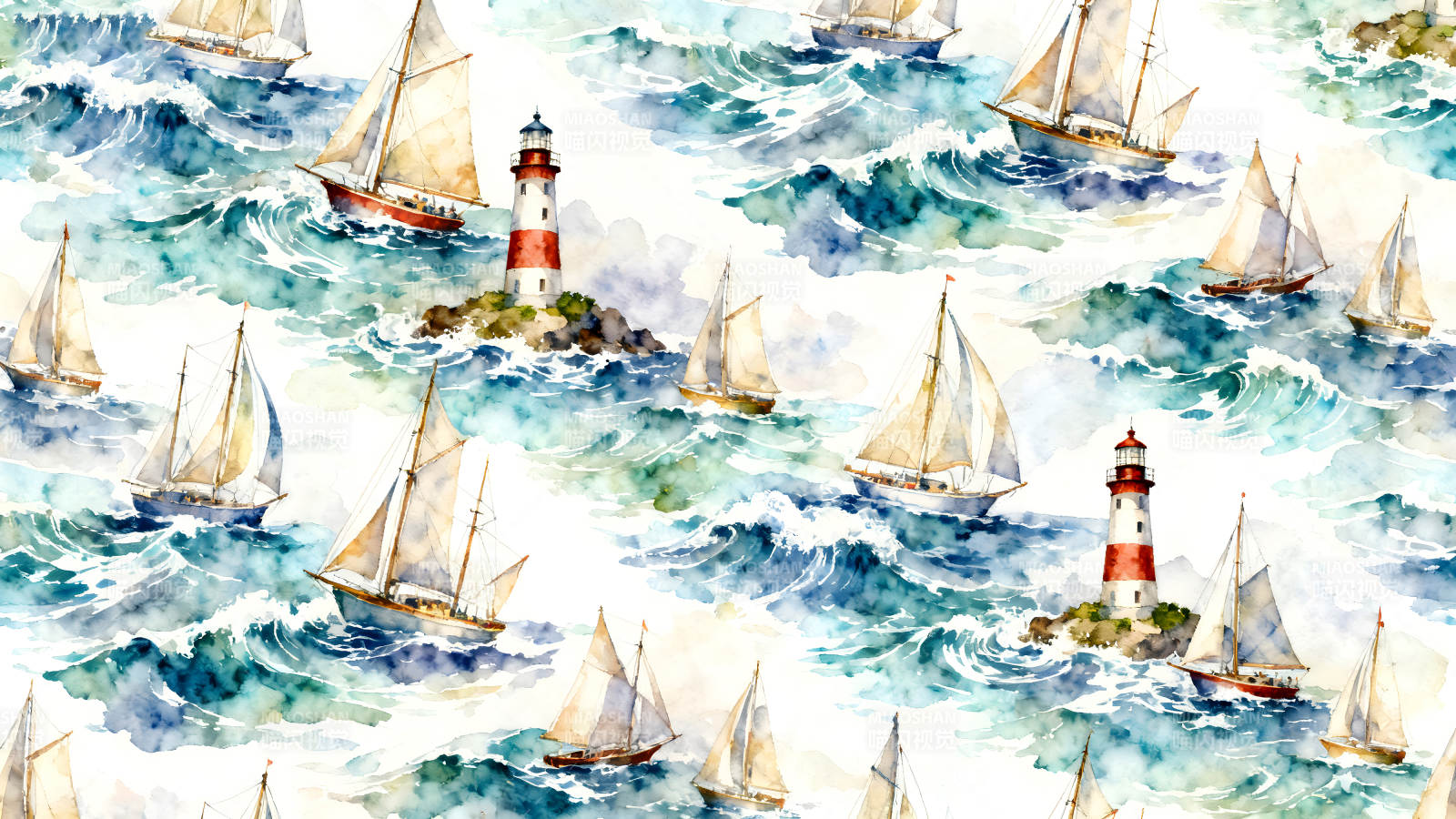 帆船与灯塔的海上图案图片