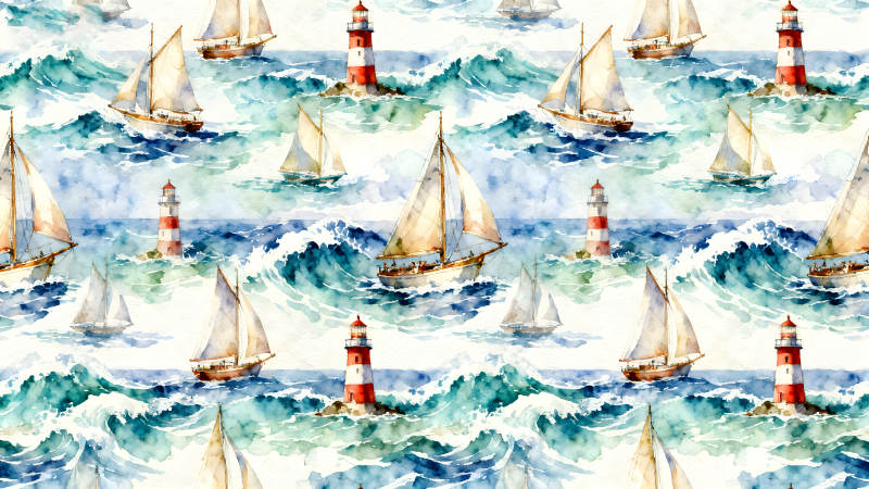 海浪中的帆船和燈塔圖案-圖片