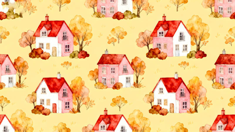 秋日鄉(xiāng)村房屋插畫(huà)-圖片