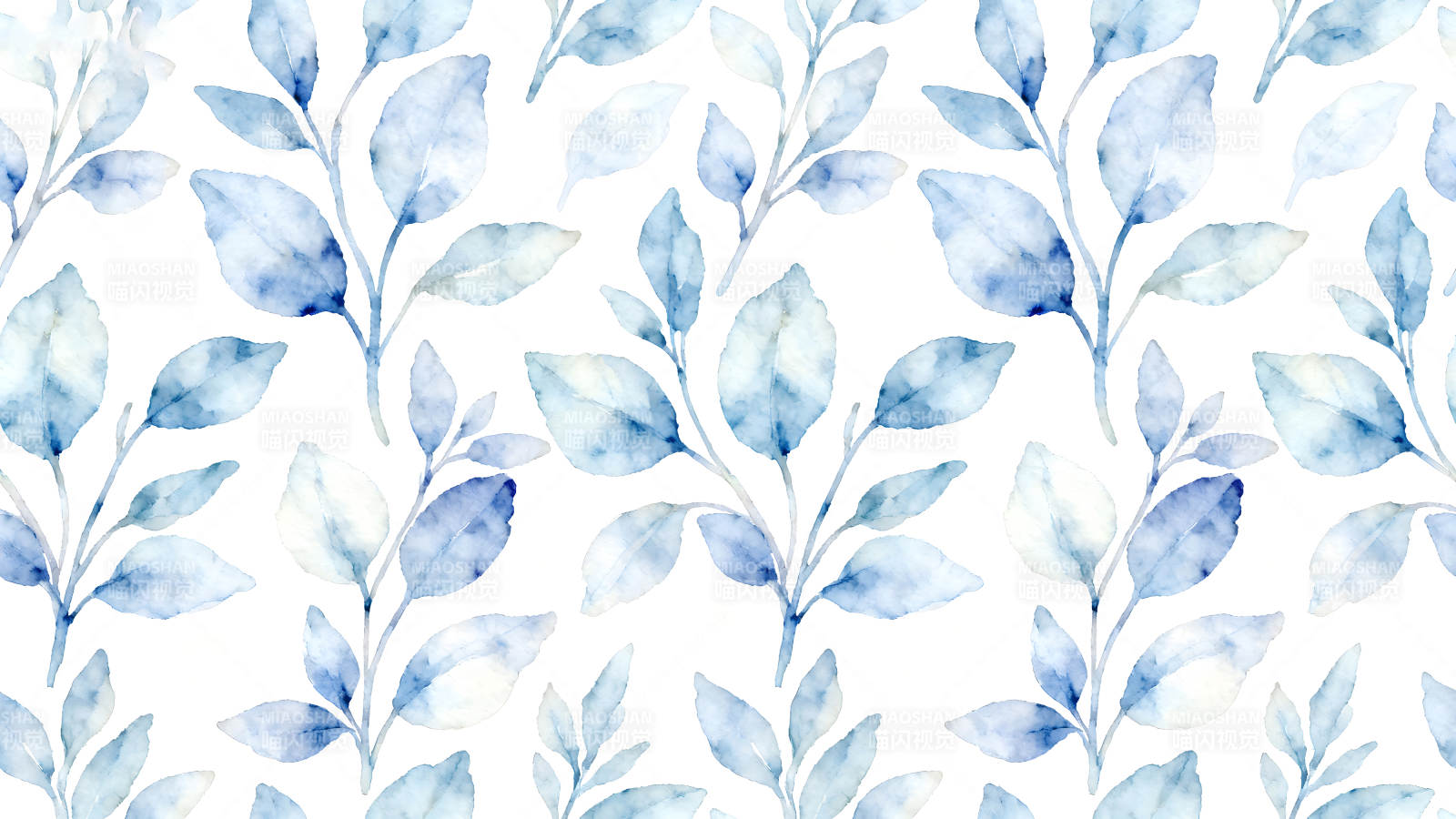 水彩蓝叶纹样设计清新自然-图片