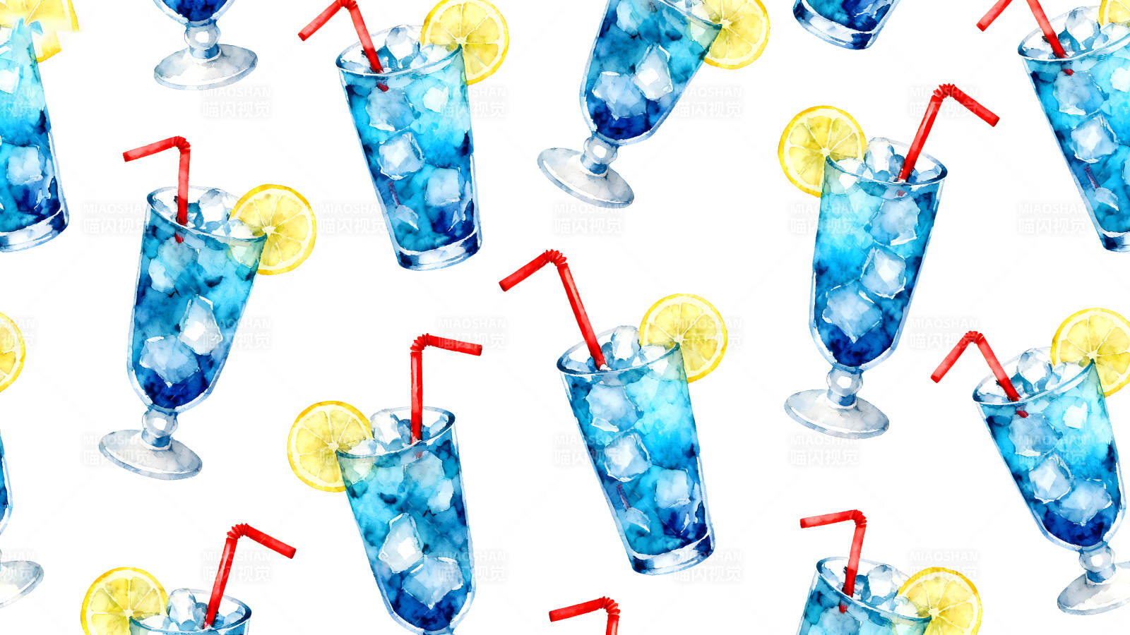 蓝色饮料柠檬冰块重复背景-图片