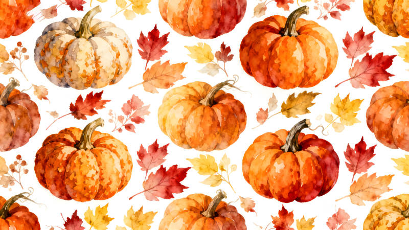 秋日南瓜與落葉組成的圖案-圖片