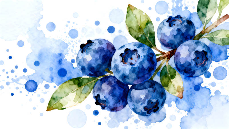 水彩蓝莓枝上果实和蓝点-图片