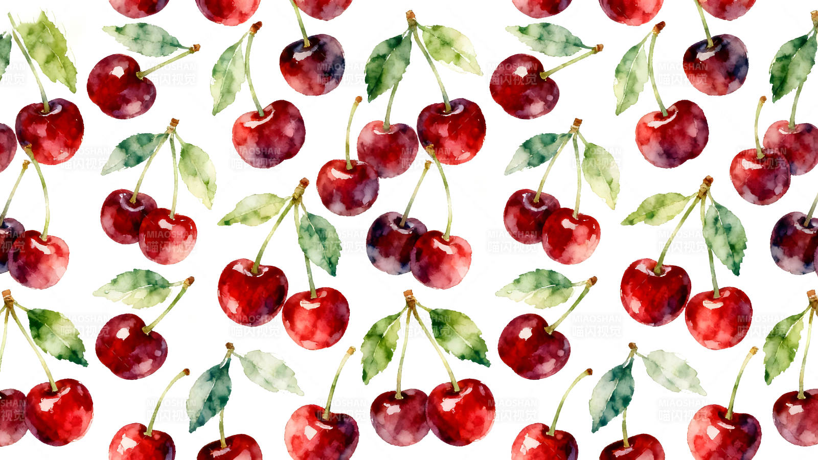 水彩樱桃图案白底背景-图片