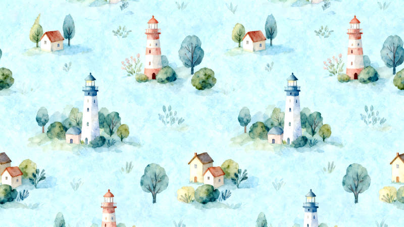 水彩風(fēng)格的燈塔與小屋圖案-圖片