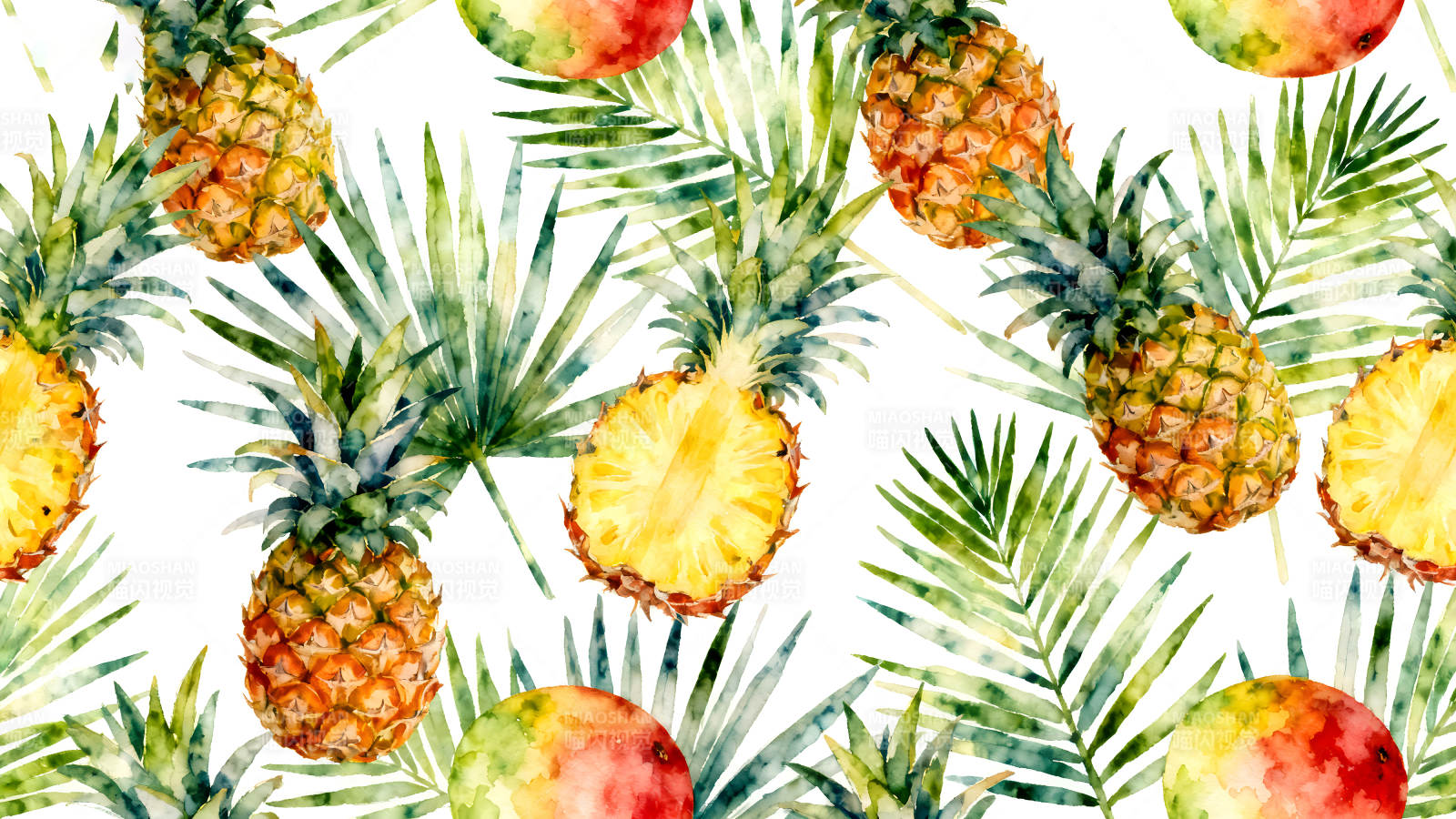 热带水果与叶子装饰图案-图片