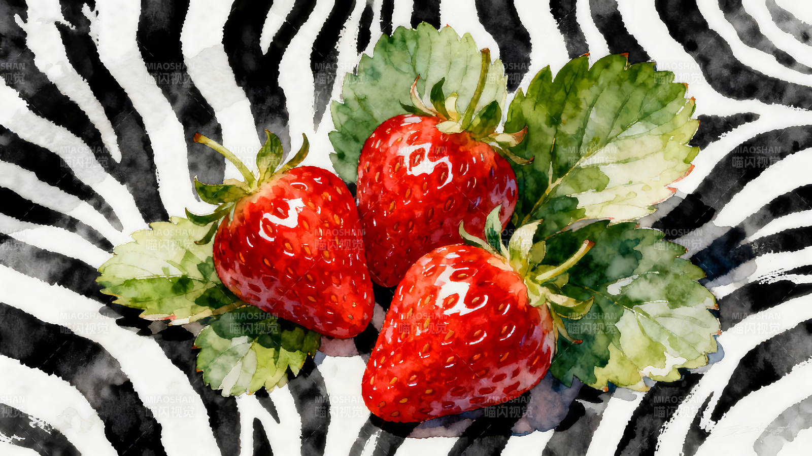 水彩草莓斑马纹背景-图片