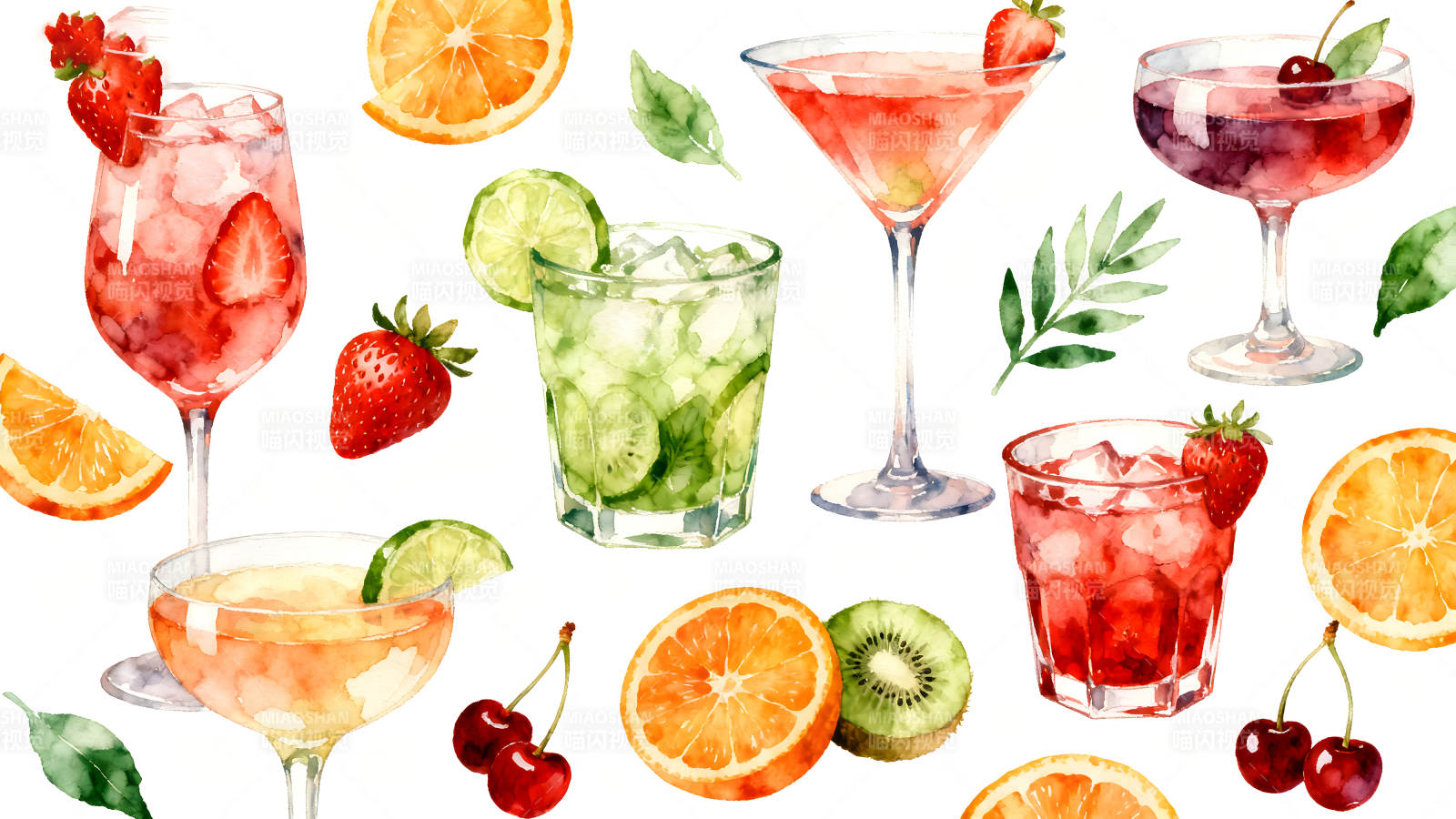 手绘水彩鸡尾酒集合清新诱人-图片