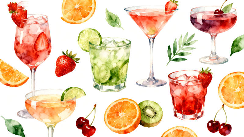 手绘水彩鸡尾酒集合清新诱人-图片