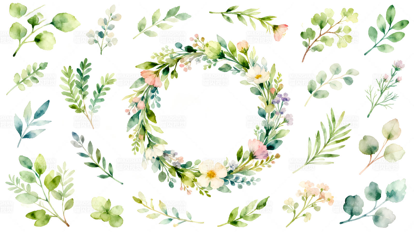 水彩花环叶片组合设计图片