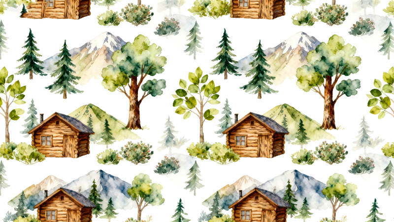 水彩森林小屋圖案-圖片