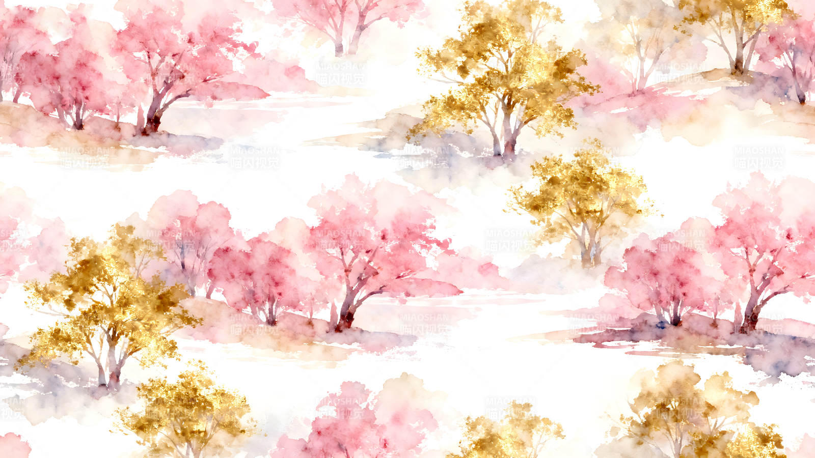 粉色與金色樹木的唯美風景圖圖片