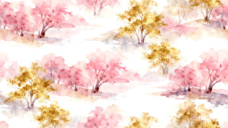 粉色与金色树木的唯美风景图-图片