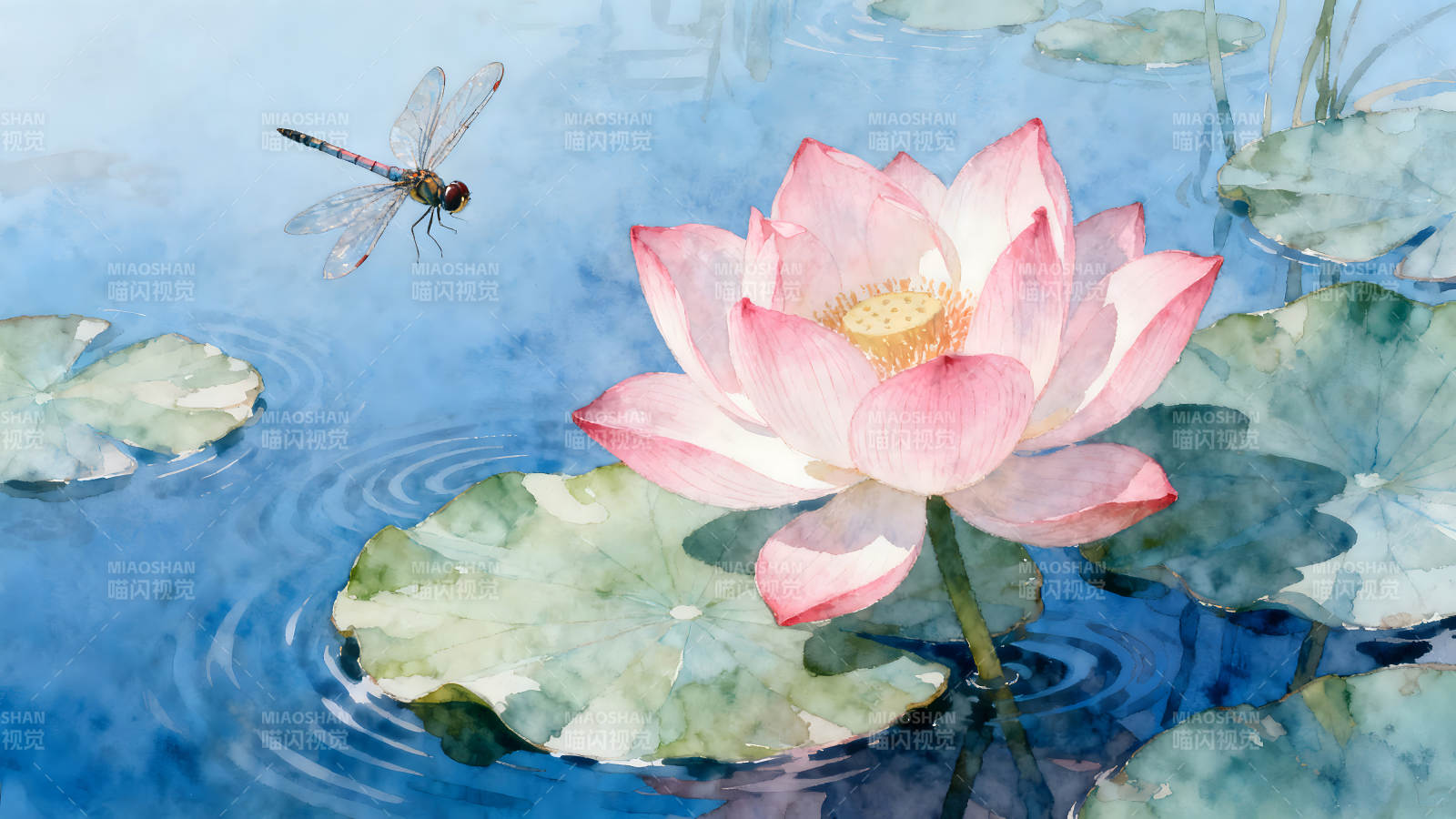 蓮花蜻蜓水波紋-圖片