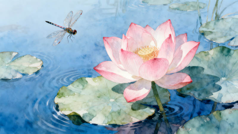 蓮花蜻蜓水波紋-圖片