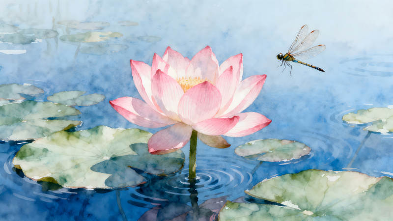 蓮花與蜻蜓在水中畫面唯美-圖片