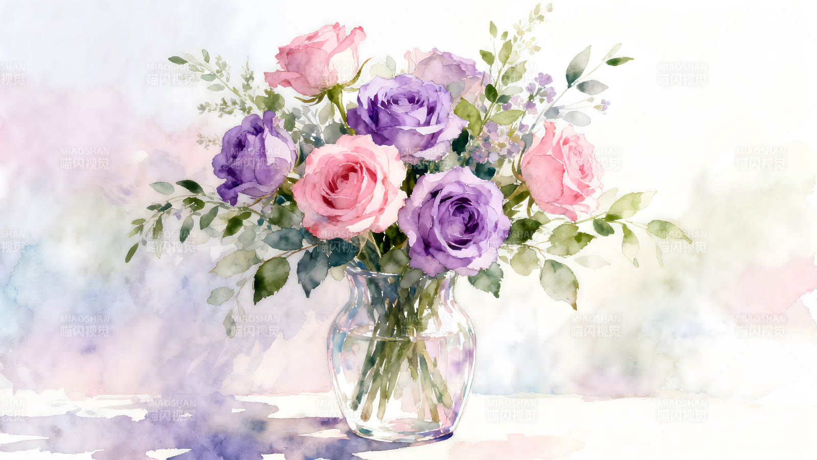 水彩玫瑰花束清新唯美-图片